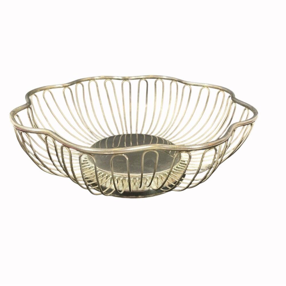 Silver Plate Wire Fruit Bread Basket Round Bowl Art MCM Retro Holiday Dinner VTG